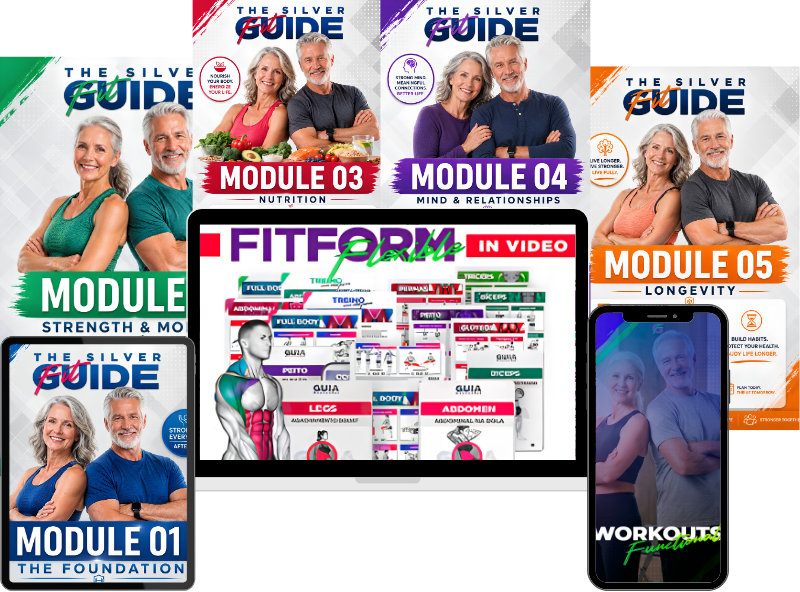 The Silver Fit Guide complete bundle: modules, tablet, laptop and phone mockups